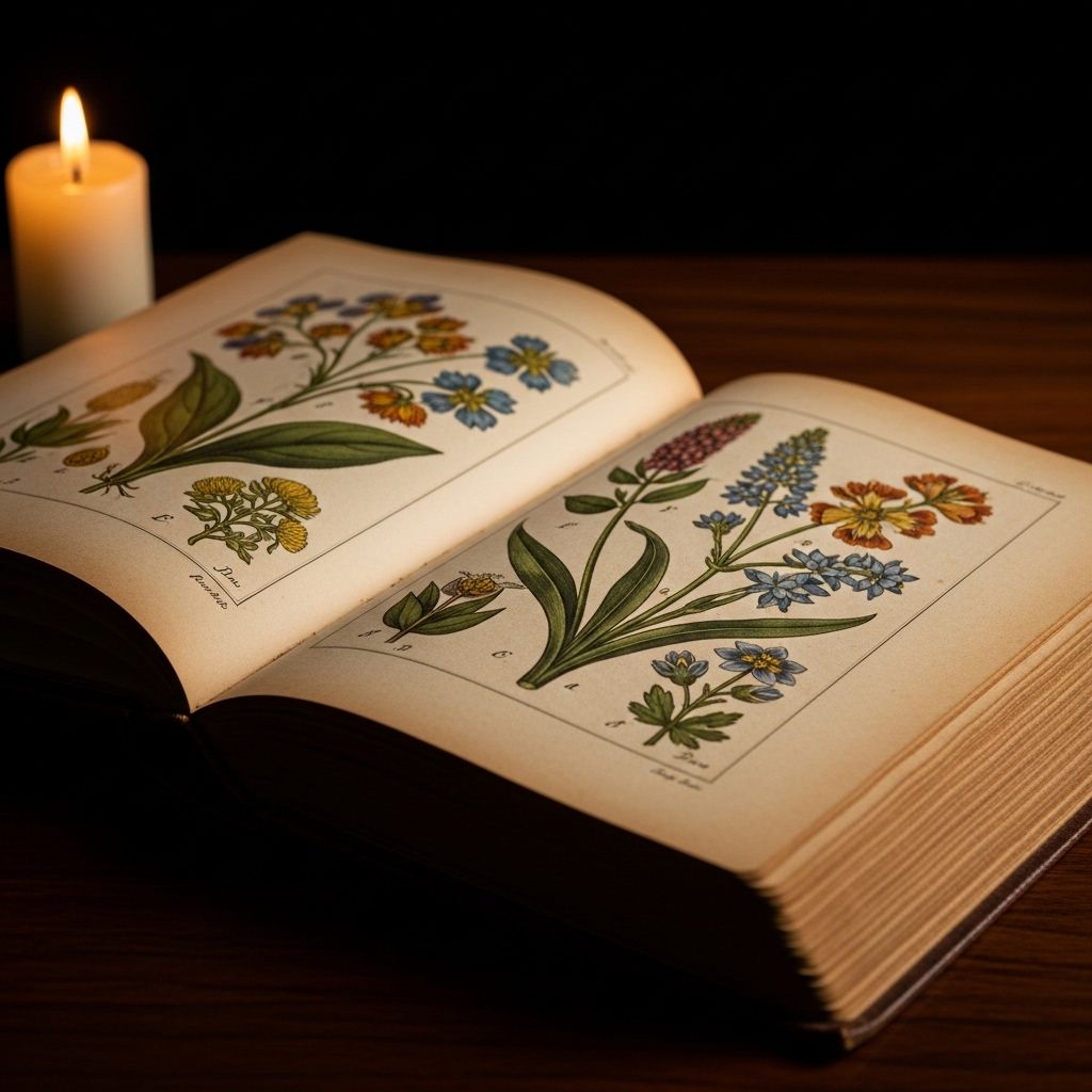 Aged parchment pages of an open historical book with botanical illustrations visible, resting on a dark wooden surface with candlelight creating dramatic side shadows