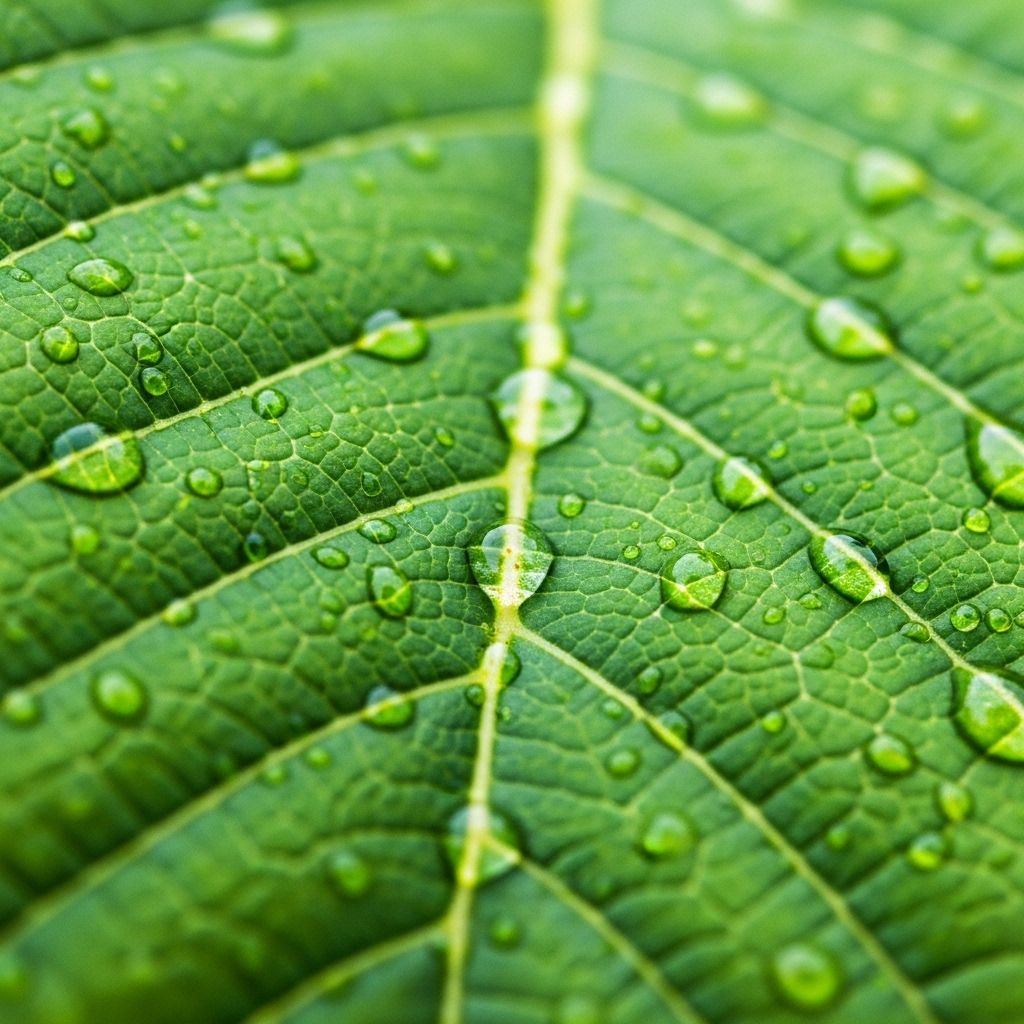 Close-up macro photograph of a green leaf with intricate venation detail and small water droplets on its surface, captured in soft diffused natural light
