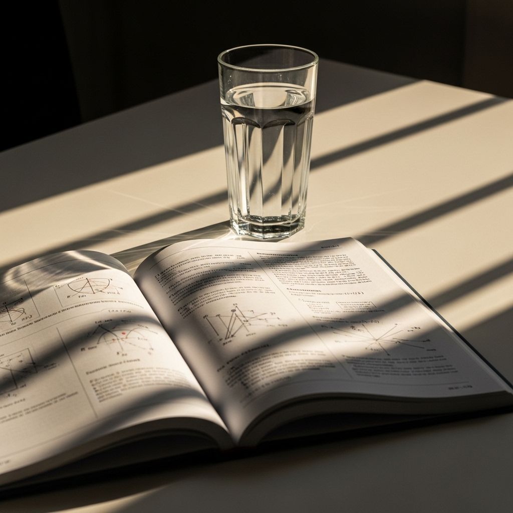Open scientific journal on a clean white desk beside a glass of water, with soft window light casting long diagonal shadows across the pages, suggesting careful study and intellectual focus