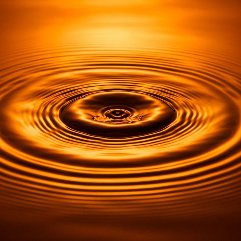 Abstract macro photograph of water surface ripples forming concentric circles in warm amber light, representing the physical propagation of sound waves